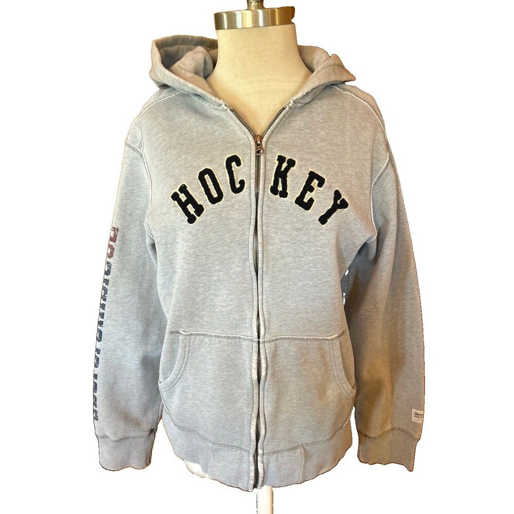 Abercrombie Y2K Hockey Full Zip Sweatshirt Hoodie Gray Retro Distressed Chunky